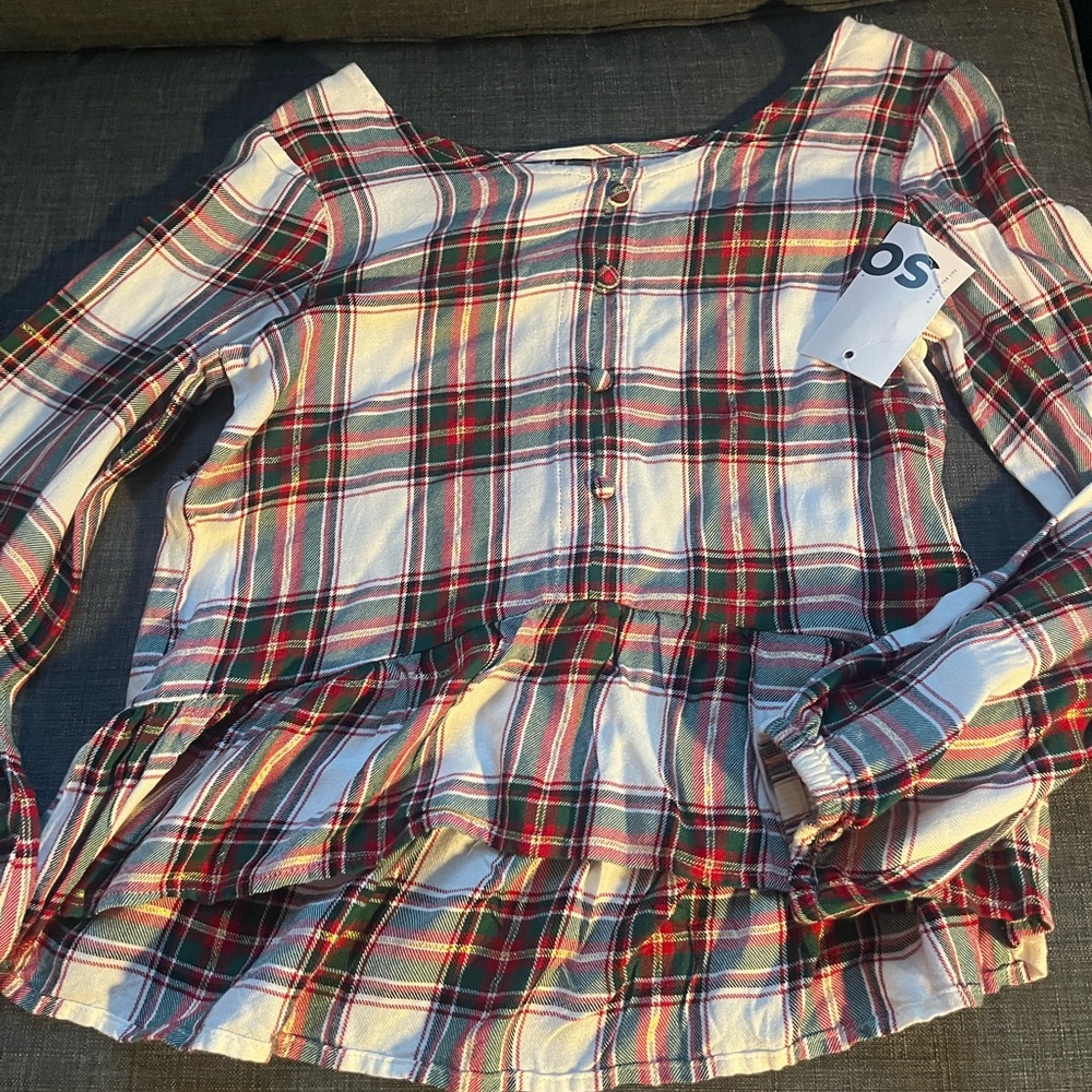 SO Kids Plaid Button Down Shirt with Ruffle